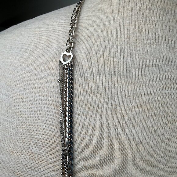 Tutti Frutti Silver Tone Multi Strand Chain Necklace Heart Rhinestone 30-32" - Picture 3 of 5